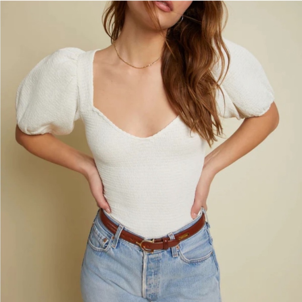 Nation LTD Bianca Smocked 80's Puff Sleeve White Tee